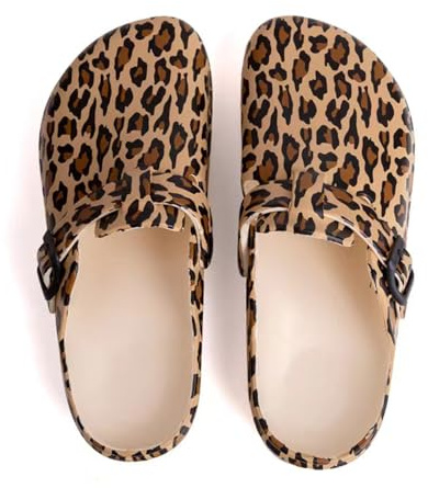 ELIOGN Damen Garten Clogs Eva – Bequeme Leichte Pantoletten mit Riemen & Süßen Mustern – wasserdichte Pflege- und Arbeitsschuhe Leopard 39