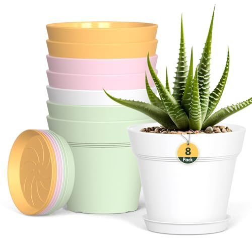 Plastic Plant Pots Indoor Outdoor, 8 Pack 4Inch/10CM Small Plant Pots Flower Pot with Drainage Holes and Tray,Modern Decorative Planter Pot for Succulent and All House Plants(Colorful)
