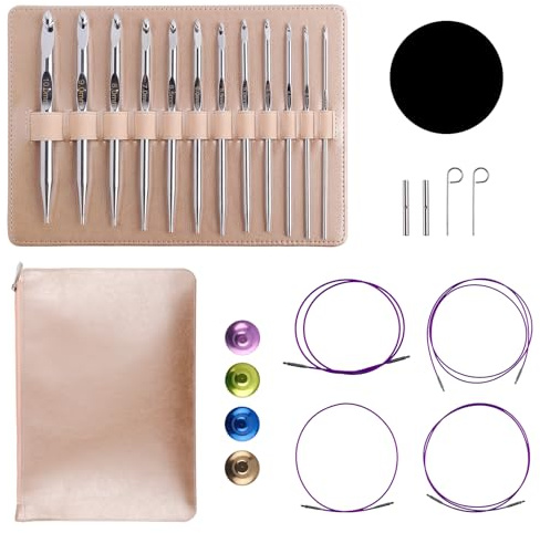 Gosknor Tunisiska Virknålar med Kablar, Aluminium Utbytbara Stickor Kit 3 mm-10 mm Långa Virknålar med Fodral för väv- Stick- och Virkningsprojekt