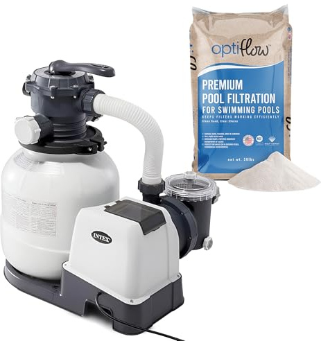 Intex 26645EG Krystal Clear 2100 GPH Sand Filter Pump for Above Ground Pools Bundled with OptiFlow Premium Pure Silica Filter Sand, 50 lb Bag