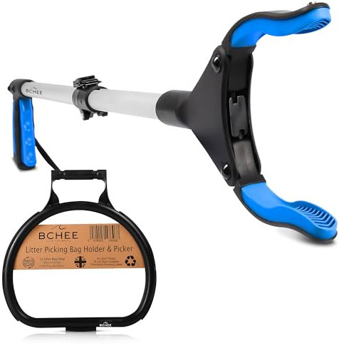 BCHEE UK Litter Picking Beach Clean Kit | 1x Strong 81cm/36 Foldable Litter Picker I 1x Litter Picking Bag Holder Hoop Made In Britain From 100% Recycled Plastic | UK Business | Multi-buy Discounts