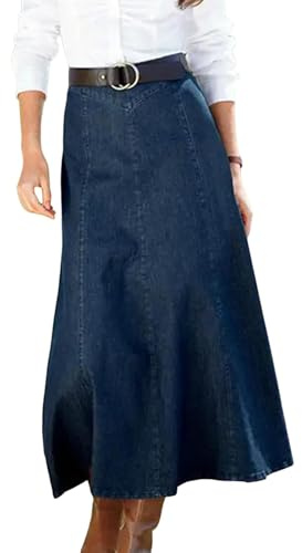 A-linje jeanskjol midi hög midja design med stor fåll för kvinnor avslappnad vintage stil smal passform kontor dam dagligen, Mörkblått, M