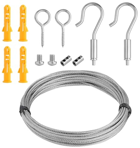 13 stycken vajer klättringshjälpsset, 6 m x 2 mm 304 rostfritt stål vajer spänntråd, stålrep med öljetter och krokar, repspänningsset för String Light Suspension, gardinrep, klätterväxter