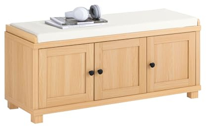 SoBuy Banco Zapatero con 4 Compartimentos 104x35x47cm para recibidor | Banco almacenaje con 3 puertas ocultas y cojín, MDF E1, carga 225kg, natural FSR188-N