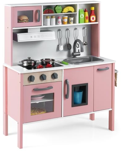 DREAMADE Cuisine Enfant en Bois, Jeu de Cuisine avec Micro-Ondes, Hotte Aspirante, Plaques de Cuisson, Évier de Jeu, Four, Machine à Glaçons, pour Garçons & Filles 3-6 Ans (Rose Clair)