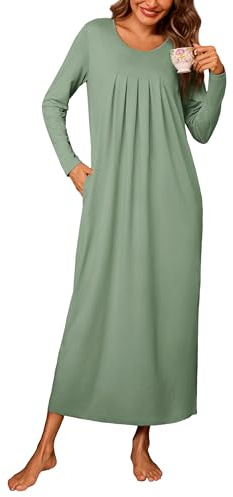 Leversic Camicia da Notte Donna Manica Lunga Invernale Camice da Notte Cotone Vestito con Tasche Elegante Verde Chiaro L