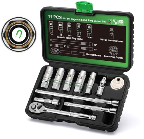 TecoTek 11-Piece Magnetic Spark Plug Socket Set with 3/8 Drive Ratchet Handle, Spark Plug Gapper, Universal Joint and Extension Bar, 5/8, 3/4, 13/16, 14mm, 18mm, CR-V, Enhanced Magnetic Design
