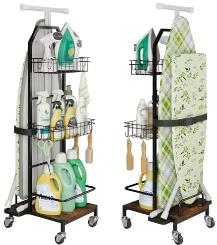 Vintage Wood Grain Ironing Board Storage Rack with Hanging Iron Basket and Multi-layer Shelf, Household Large Capacity Clothes Hanger Storage Rack