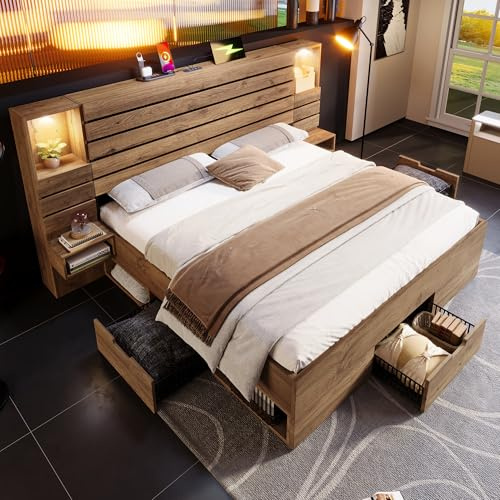 IHO SOFA Doppelbett Holzbett Stauraumbett 160x200cm mit schwebenden Nachttischen & Schubladen | Bettrahmen Unterbett-Stauraum & dekorative Kopfteil-Nische | In Eichenoptik (Ohne Matratze)