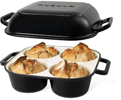 QuadPro Enamelled Cast Iron Bread Loaf Pot – Dutch Oven for Sourdough Bread Baking – 500°F Oven Safe Non Stick Bread Pot – 4 Round Loaf Spaces (12.5cm Diameter), Black – by Nuovva