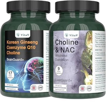 VitaV BrainGuard+ & LiverGuard+ Supplement Bundle – Korean Ginseng, CoQ10 & Choline with NAC, Artichoke & Dandelion – Brain Focus & Liver Support Formula – 120 Capsules Each
