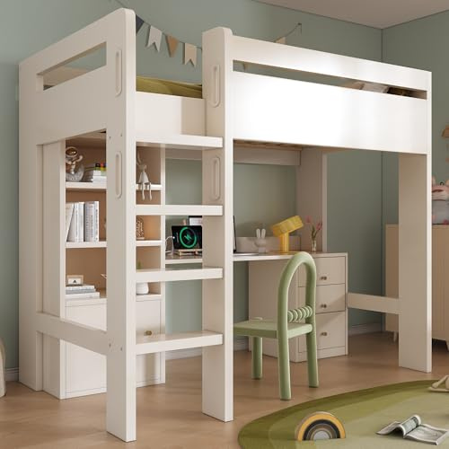 BEJUDYTT Kids' High Sleeper Bunk Bed with USB-C Desk, Bookshelf & Filing Cabinet, 90 x 190 cm Children's Loft Bed with Stairs & Storage Space, All-in-One Single Bed Frame with Slatted Frame
