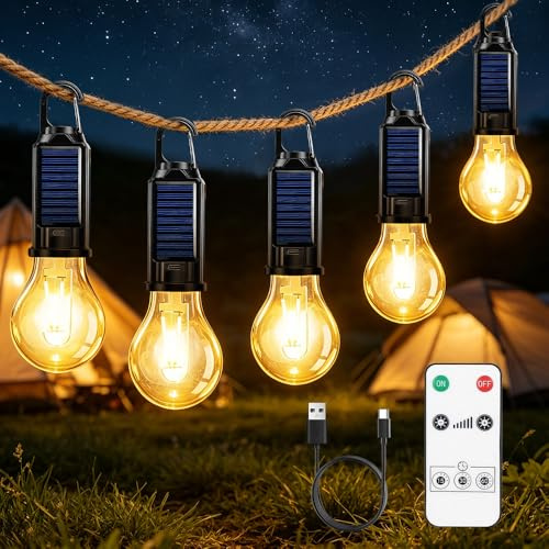 Nzkeuf LED Campinglampe Aufladbar, 5 Stück Campinglampe Solar mit 3 Helligkeitsmodi, Tragbare Zeltlampe Glühbirne mit Karabiner, Wasserdicht Camping Licht Glühbirne für Abenteuer, Angeln, Notfall