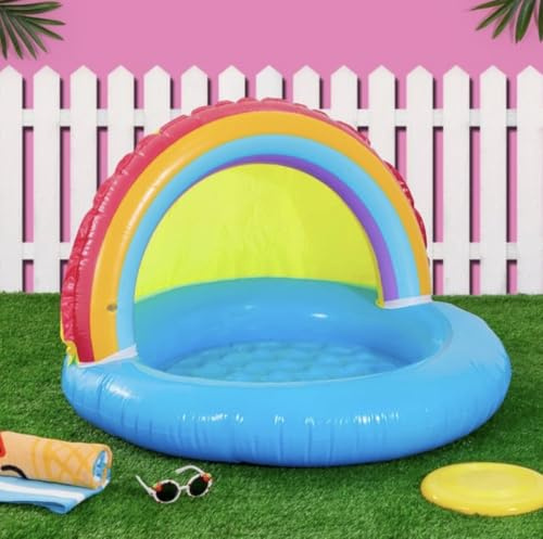 New|| Inflatable Shaded Pool with Rainbow Canopy, Outdoor Baby Paddling Pool, Multicolour, Just inflate and fill, Made for easy, breezy summer fun, Perfect for garden and backyard adventure||
