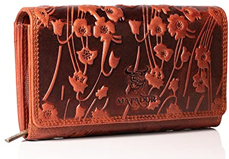 MATADOR Leder Geldbeutel Damen Groß #PRAG mit edler Geschenk Verpackung, Luxus RFID Geldbörse Damen Gross, Geldtasche Viele Fächer, Edles Portemonnaie Leder Lang, Blumen Braun