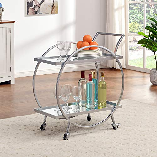 FirsTime & Co. Silver Odessa Barwagen, 2 Etagen Mobile Mini Bar, Küche Servierwagen und Kaffeestation mit Aufbewahrung für Likör, Metall und Spiegel, Modern, 28 Zoll