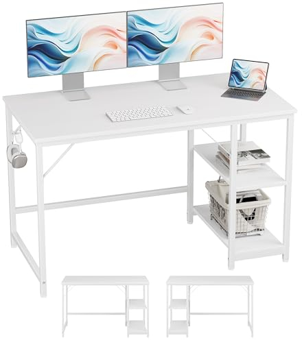 JOISCOPE Schreibtisch, Computertisch, Schreibtisch, Arbeitstisch, Gaming-Schreibtisch mit Kopfhörerhaken, 2 Regale, 120x60cm, weißer Tisch