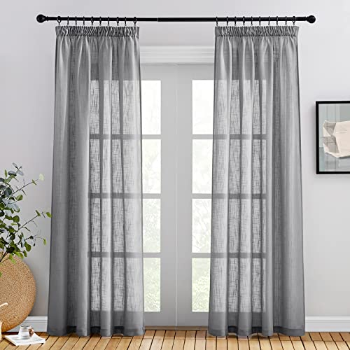 PONY DANCE Wohnzimmer Vorhänge mit Kräuselband 2er Set H 220 x B 140 cm Voile Gardinen mit Kräuselband Gardinen Leinenoptik Vorhang Halbtransparent Balkontür Vorhang, Dunkelgrau
