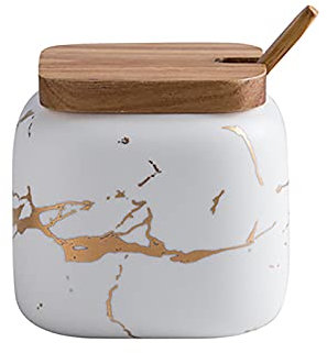 Zuccheriera in ceramica di marmo in ceramica per condimenti con coperchio e cucchiaio (bianco)
