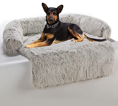 Couchkissen für Hunde und Katzen,Plüsch Hundematte,Hundesofa,90*80*15cm | Grosse Hundebett, Sofaschutz, Hundematratze mit Rutschfester Unterseite aus Gummigranulat, Waschbar, Hellbraun