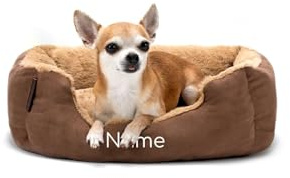 lionto Lit pour Chien avec Coussin réversible et Base antidérapante, Coussin Douillet pour Animaux avec entrée Basse pour Chiens et Chats de Tout âge, 50x37 cm, Beige/Marron (avec nom imprimé)