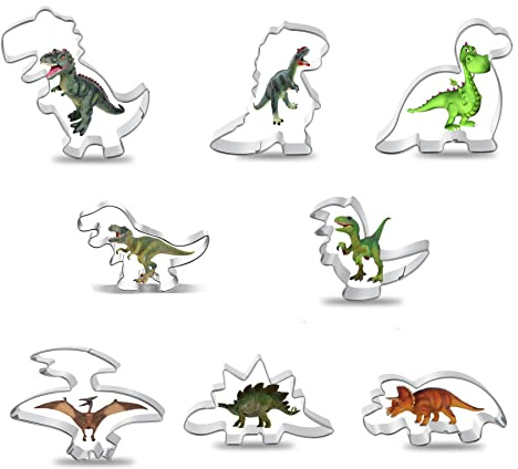 FACATH Juego de cortadores de galletas de dinosaurio, 8 piezas, moldes de acero inoxidable, para niños, bricolaje, horneado, dinosaurios, suministros para fiestas