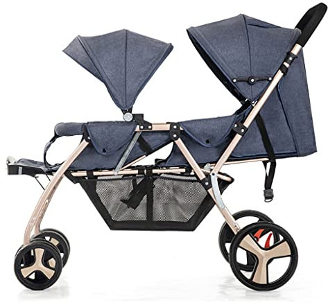 TRB Carro Bebe Doble Cochecito de Cochecito para Bebés, Silla de Paseo Gemelar Cochecito Gemelar Visión Alta Ajustable Cochecito Bebe Plegable Ligero Carros para Bebes (Color : Blue)