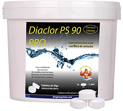 Cloro Especial Liner y Piscinas pequeñas Filtro Cartucho DIACLOR PS 90 Pro 20 Gramos 5 KG - 250 Pastillas de Cloro Lento (20 gr- 3 cm Diámetro) - SIN Cobre (Apto para Liner)