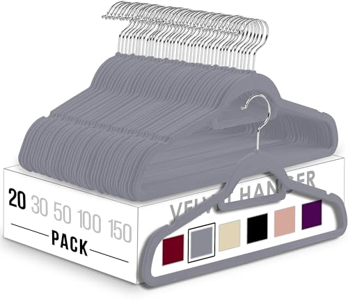 Utopia Home Pack of 20 Velvet Suit Hangers with Tie Bar - Heavy Duty Non-Slip Premium Hangers for Adult Clothes - 360 Degree Swivel Hook, Grey