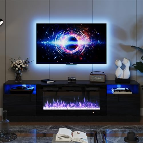 oneinmil Fireplace TV Stand with 36 Electric Fireplace, LED Light Entertainment Center, Modern Wood Texture Entertainment Stand with Highlight Storage Cabinet for TVs Up to 80, 70 inches, Black