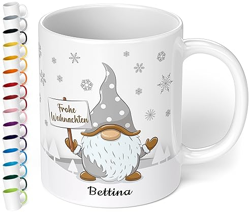 True Statements Weihnachtstasse mit Namen „Frohe Weihnachten“ - mit Gold-Wichtel-Motiv - 330ml - personalisierter Keramik Kaffee-Becher mit Spruch – individuelles kleines Geschenk (Weiß)