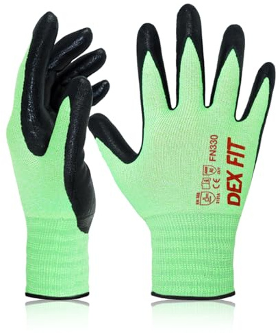 DEX FIT Nitrile Work Gloves FN330, 3D Comfort Fit, Touchscreen Grip Gloves for Warehouse, Construction, DIY, Gardening & General Work, Men & Women Green, XL, 1 Pair