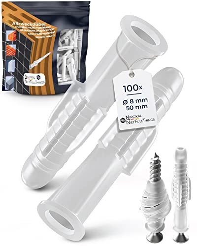 8mm Dübel Set – Universaldübel PE Kunststoff – 100 Stück – für Beton, Gipskarton & Mauerwerk