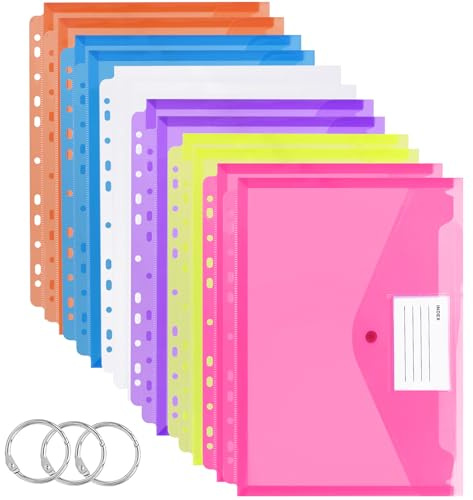 TOOELMON Dokumententasche A4, 12 Stück Transparent Dokumentenmappe A4 zum Abheften, Erweiterbare Wasserdicht Dokumenten Mappen Abheftbar mit Druckknopf und Etikettentasche, 6 Farben