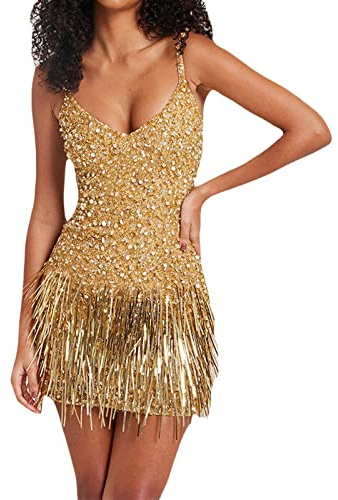 Yassiglia Women Sparkly Tasseled Sequin Dress Bodycon Glitter Dance Dresses Sleeveless Backless V-Neck Mini Dress Sommer Sexy Spaghetti Strap Dress for Club Party