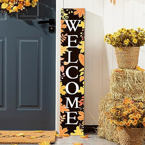 Fall Welcome Sign for Front Porch Standing, Autumn Wooden Porch Sign with Maple Leaves for Front Door Decorations, Farmhouse Vertical Hanging Signs Welcome Sign for Thanksgiving Home Decor 47.2H