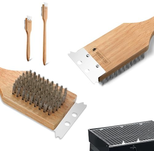 SMITH CHU Grillbürsten Set mit Schaber für BBQ, 3 IN 1 Reinigungsbürste mit Holzgriff, 48＆28 cm Extra Lange Grillbürste für Outdoor Grill, geeignet für alle Grilltypen, Reinigungsbürste mit Holzgriff | Lange Grillbürste zur Reinigung verschiedener Grilltypen