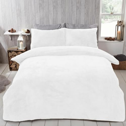 Brentfords Teddy Fleece Double Duvet Set White, Double Bed Duvet Covers Winter Bedding Double Bed Set with Pillowcases Teddy Bear Fleece Quilt Cover Super Soft Comfy