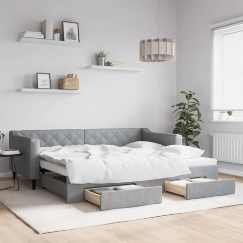 Homgoday Tagesbett Ausziehbar mit Schubladen Sofabett Ausziehbett Schlafsofa Bettsofa Schlafcouch Gästebett Lattenrost Jugendbett für Schlafzimmer Wohnzimmer Hellgrau 90x200 cm Stoff