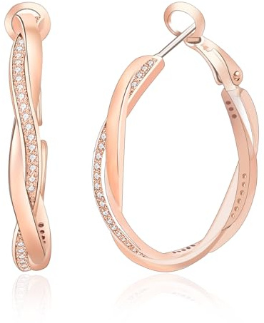 HEEYA Sterling Silver/Rose Gold/Gold Plated Hoops Earrings for Women, Hypoallergenic Lightweight Twisted Earring with Cubic Zirconia Jewellery Christmas Birthday Gifts for Women 20/30/40MM