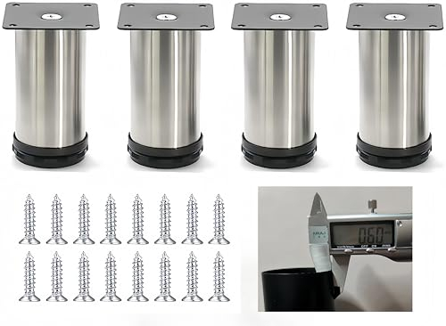 MIEGUIWOR 4 Piezas Patas para Muebles de Acero Inoxidable Anticorrosión, Patas Regulables para Muebles (0-15mm) para TV, Baño, Cocina, Escritorio （Plateado,6cm）