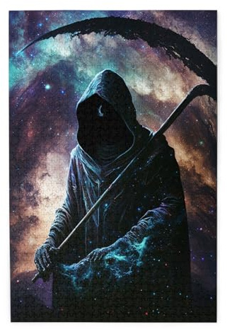 HERRECX 1000 Piece Jigsaw Puzzle - Grim Reaper Death Sickle Cloak Galaxy Black Wood Puzzle for Adults Teens Family Game Educational Toys Gifts