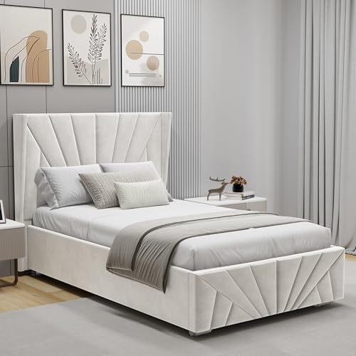 Upholstered Ottoman Bed Single Bed Frame UKFR Velvet Beige Ottoman Storage Bed with Gas Lift End Opening Wooden Slats with Storage Bed (3ft Single 90 x 190, No Mattress)