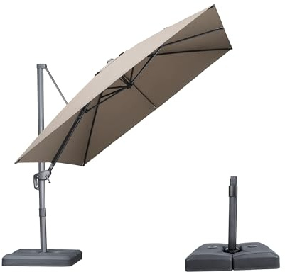 PURPLE LEAF 10 FT Outdoor Umbrella with Base Patio Cantilever Aluminum Umbrella with 3 Years Fade Resistance Recycled Fabric Offset Square with 360-degree Rotation for Deck Pool Garden, Ash Mocha