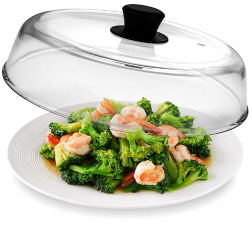 Microwave Glass plate cover for food - Sturdy Borosilicate glass splatter guard with vent hole - 100% Food Safe BPA free Easy Grip Silicone Knob and Dishwasher safe - 10.5in