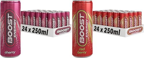 Boost Energy Drink, 250ml x 48 pack, (24 x Cherry & 24 x Red Berry) - Vegan Friendly Great Tasting Energy Boost, Only 50 kcals per can