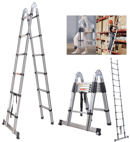 HSHa 3.8M Multi-Purpose Folding Telescopic Ladder 1.9m+1.9m Extension Ladder A-Frame 2-in-1 Portable Loft Ladders Stainless Steel with Stabilizer, 150kg Max Load for Indoor Outdoor
