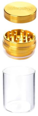 HIBRON Grinder Molinillo de Hierba y Especias 2 en 1 con Tarro de Cristal Portátil y Hermético para Conservar Frescura (1, Dorado)