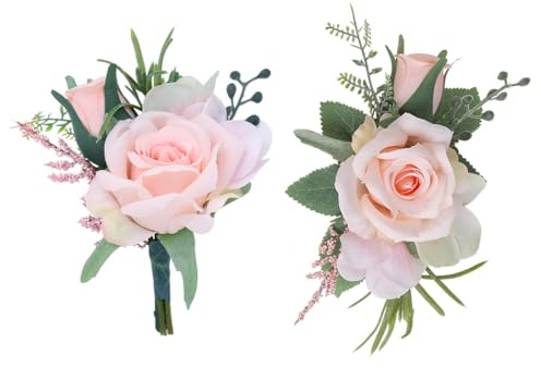 IYOU Wrist Corsage and Boutonniere Set Pink Wedding Artificial Flower Corsage Set Prom Bride Bridesmaid Men Boutonniere Decoration for Women(2Pcs)