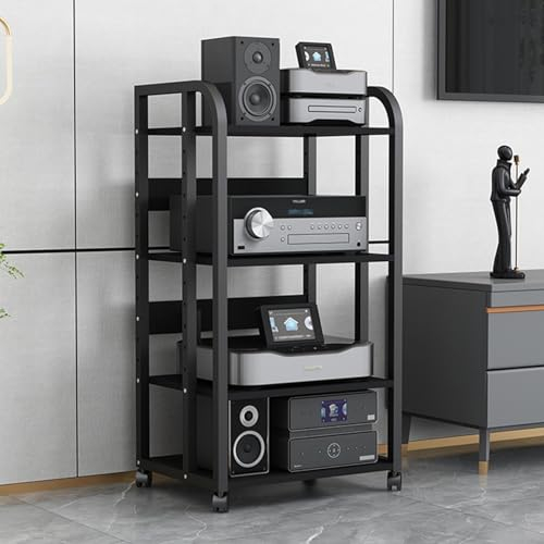 Audio Rack HiFi Regal Audiokomponenten-Rack/Tower Media Stereo Stand, Hochbelastbar Schwarz Modern Elektronik Geräteaufbewahrung mit höhenverstellbarem Regal und Rädern, für Lautsprecher/DVD-Player(S